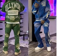Trajes de sudor de lavado ácido, ropa de calle urbana de algodón para hombres, conjunto de otoño, apliques con cremallera gruesa, parche bordado, chándales completos acampanados