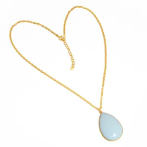 Natural White Chalcedony Gemstone Pear Shape Bezel Setting Pendant Chain <b>Necklace</b> For Women <b>Handmade</b> 925 Sterling <b>Silver</b> Jewelry - Product Image 1
