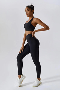 Ropa deportiva elástica atlética de primera calidad para mujer, conjunto activo de yoga y gimnasio de 2/3 piezas más vendido, mallas flexibles negras y ropa deportiva - Product Image 2