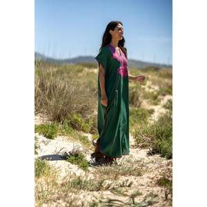 Womens Embroidered <b>Kaftan</b> Maxi Dress Green Cotton Blend Long Beachwear Caftan Resort Boho Ethnic Wear - Product Image 3
