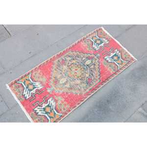 Tapis vintage 1,6 x 3,3 pieds, petit tapis turc, tapis à pois rouge et bleu - Product Image 3