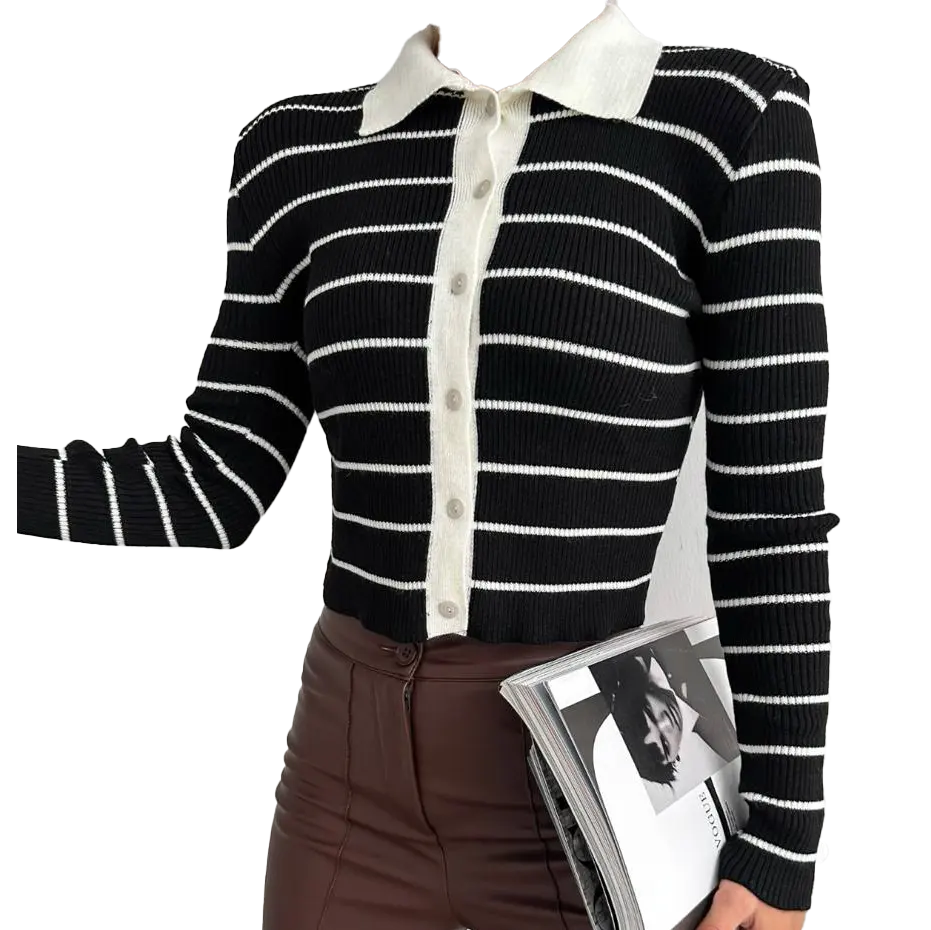 Kardigan rajut bergaris kerah kontras dengan kancing penutup panjang penuh Sweater Fit khusus wanita