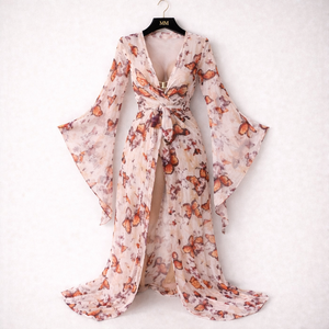 Maillot de bain long élégant style enveloppant, ceinture noire, imprimé léopard, manches longues en mousseline, fente centrale, taille ornée de strass - Product Image 1