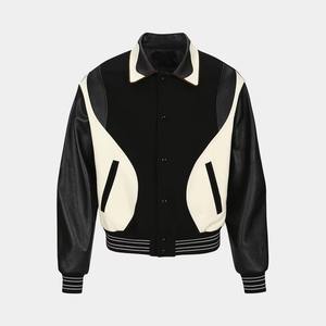 Veste de baseball personnalisée de qualité supérieure, veste coupe-vent élégante en patchwork, vestes de moto avec manches en cuir - Product Image 5