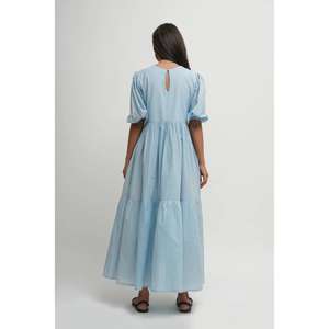 Women's Light Blue Short Sleeve Floor-Length Solid Color Tiered Casual Eco-Friendly <b>Loose</b> <b>Fit</b> A-Line Natural Waist <b>Dress</b> - Product Image 4