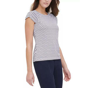 T-shirt da donna Tommy Hilfiger slim fit XS, traspirante, in tessuto, con decorazioni arricciate e stampa, maniche arricciate, bianca - Product Image 1