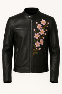 Veste en cuir exquise pour femmes fabriquée à la main avec broderie florale Vintage Print Rivet Biker Style Vêtements d'extérieur en couches en Inde - Product Image 6
