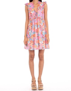 Robe mini en mousseline à imprimé floral, bretelles spaghetti, sans manches, col en V, coupe trapèze, taille naturelle, 100% coton, infroissable, été - Product Image 1