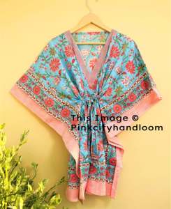 เสื้อคลุมอาบน้ําชุดMaxiสําหรับผู้หญิงมือบล็อกพิมพ์ชุดนอนCaftanผ้าฝ้ายHandmadeบิกินี่คลุมCaftan - Product Image 3