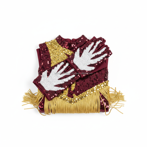 Costume de danse de luxe scintillant bordeaux avec accents de paillettes dorées, tenue de performance avec gants à paillettes assortis pour spectacle sur scène - Product Image 6