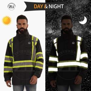 Men's 300D Oxford Waterproof Hooded Winter Jacket Hi Vis Orange Bomber Reflective Safety Features Work Reflective <b>Coats</b> ANSI - Product Image 5