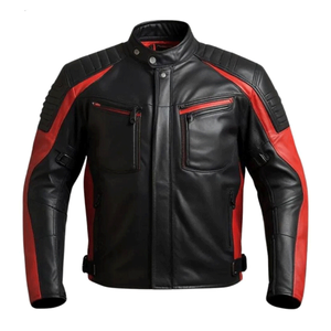 Chaqueta de motorista de piel de cordero genuino para hombre, chaqueta de motocicleta negra y roja con hombros acolchados, chaqueta de cuero de estilo Vintage - Product Image 3