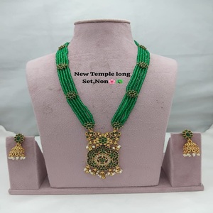 Traditional Gold Plated Crystal Long Necklace Jewellery <b>Set</b> with Green Earrings for Women & Girls-Wedding & Party Occasions - Product Image 1