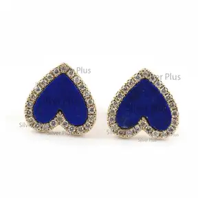 Hiện đại chính hãng Lapis Lazuli Đá quý tình yêu trái tim Studs Bông tai rắn 14k vàng vàng tự nhiên Pave bông tai kim cương để bán