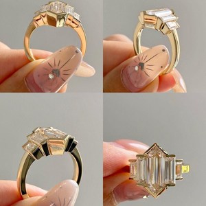 Bague de fiançailles en or jaune 14 carats à cinq pierres 1.41CT VS1 hexagone cultivé en laboratoire et bague de proposition en diamant taillé en baguette beau cadeau pour elle - Product Image 6