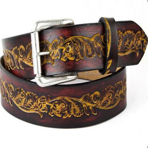 เข็มขัดหนังสไตล์ตะวันตกแบบเต็มเมล็ดสำหรับงานทำมือเข็มขัดสำหรับหนึ่งชิ้นลายดอกไม้สลักลายนูนพร้อมหัวเข็มขัดทองเหลือง - Product Image 1