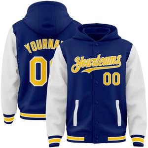 Vente en gros dans l'industrie directe de bombardiers décontractés pour l'hiver personnalisés bleu marine blanc-or veste à capuche bicolore Varsity Letterman - Product Image 2