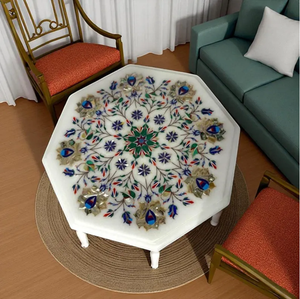 Mesa de Centro con Tapa de Mármol Blanco con Incrustaciones de Piedra Dura en Forma Octagonal y Conchas de Abulón, Artículo de Regalo Hecho a Mano - Product Image 2