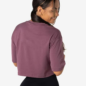 Top corto de mujer de ciruela más vendido, hombros caídos, manga corta, suave, elástico, ajuste elegante para verano, Yoga informal ecológico - Product Image 4
