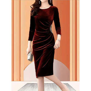 Women's Long Sleeve Boat Neck Midi <b>Velvet</b> <b>Dress</b> with Side Stone Detail, 37548 - <b>Burgundy</b> - Product Image 4
