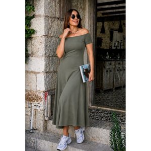 Women's Off-Shoulder <b>Elasticated</b> Long Viscose <b>Dress</b>, 34669 - Green - Product Image 1