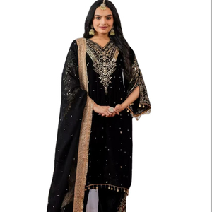 2025 diseño de tendencia comodidad personalizada tela de terciopelo viscosa bordado 5 mm secuencia trabajo con remache Moti trabajo Salwar Kameez traje - Product Image 1