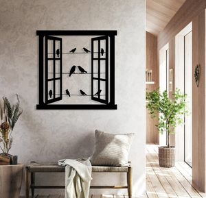 นกนั่งอยู่บนลวดหน้าต่างดูสำเนียงกรอบศิลปะห้องนั่งเล่นแผ่นติดผนังห้องนอนงานฝีมือสีดำทิวทัศน์ศิลปะ - Product Image 1