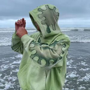 Sweat à capuche vintage personnalisé en détresse 100% coton tissé, lavé à l'acide avec patch brodé et applique de couture coupée - Product Image 1