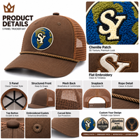 Casquette Trucker personnalisée à 5 panneaux avec patch en chenille, dos en maille, fermeture snapback, broderie vintage, vente en gros, OEM, ODM, marque privée