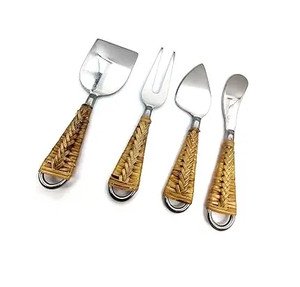 Stainless Steel Cheese Rattan Handle Cutlery Set Cheese Slicer Spreader New Design <b>for</b> Home Party <b>Wedding</b> Used - Product Image 1