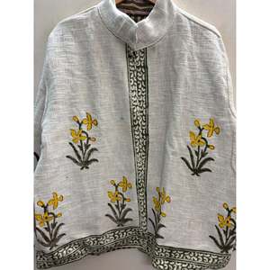 Veste d'hiver en coton imprimée à la main pour femme, motif floral ivoire avec accents olive et moutarde - Product Image 4