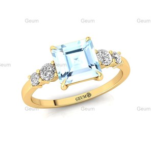 Solid 18k oro giallo anello solitario pavimentato <span class=keywords><strong>gioielli</strong></span> <span class=keywords><strong>con</strong></span> diamante taglio principessa naturale <span class=keywords><strong>acquamarina</strong></span> gemma e 0.32 reale cts diamanti - Product Image 2