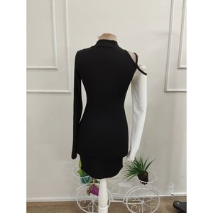 Robe scuba mini à manches longues et col roulé pour femme, coupe basse sur le devant, à une épaule, 37360 - Noir - Product Image 6