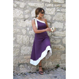 Vestido de un solo hombro para mujer con detalle de lazo, vestido de crepé importado bicolor, 34441 - Morado - Product Image 1