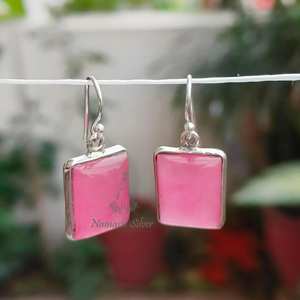 ต่างหูหยกสีชมพูเงินแท้ 925 แบบห้อยทำด้วยมือ - Product Image 6