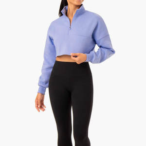 wholesale blank cotton hoodie <b>ladies</b> GYM <b>long</b> sleeve tracksuit womens crop <b>tops</b> hoodie custom LOGO cropped raw hem hoodies - Product Image 3