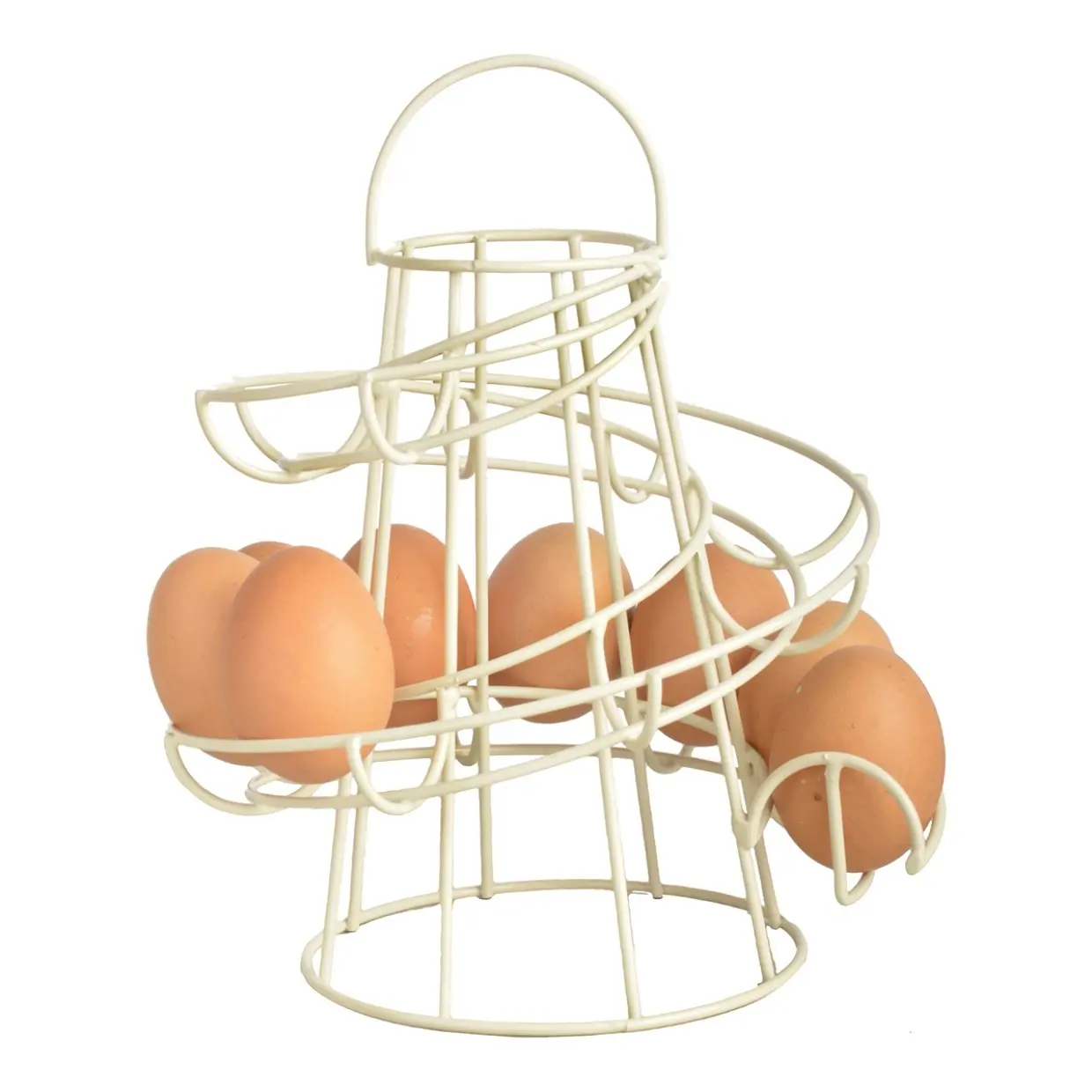 ホワイトスパイラルデザインのハンドルメタルチキンエッグバスケット付きの最新のトレンドの売れ筋ユニークなスタイルの卵収納ホルダー