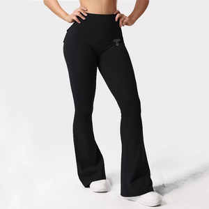 Nueva llegada gimnasio Fitness mujeres sólido transpirable bota corte alto cintura Flare Leggings adelgazamiento Yoga pantalones barriga bolsillo - Product Image 6
