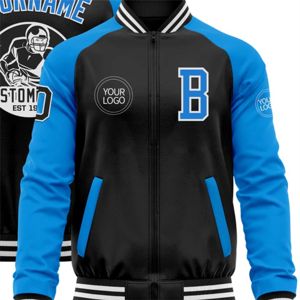 Chaqueta Bomber Varsity de Invierno con Cuello Alto, Dos Tonos Negro y Azul Blanco, con Cremallera, Fabricación Personalizada OEM - Product Image 5
