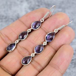 Boucles d'oreilles en améthyste violette à trois pierres précieuses Boucles d'oreilles en argent sterling 925 Boucles d'oreilles pendantes en forme de poire faites à la main - Product Image 3