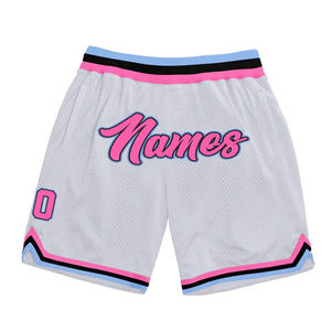 Pantalones Cortos de Baloncesto Personalizados Blancos con Ribete Rosa y Negro, Número, Nombre y Logotipo Bordados, Pantalones Cortos Deportivos de Malla Transpirable - Product Image 2