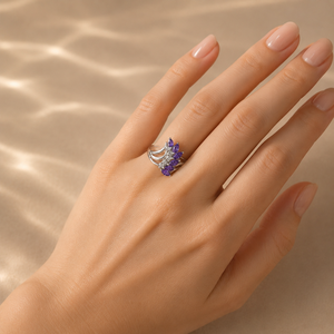 Rhodium Plated Dainty Cushion Cut <b>Turquoise</b> and Blue Chalcedony Handmade Fine Jewelry <b>Ring</b> - Product Image 2