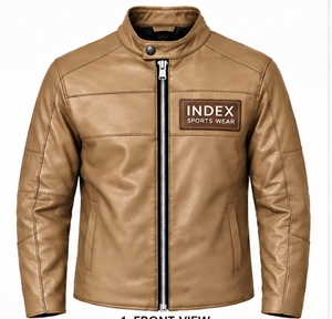 Chaqueta de Cuero PU Marrón para Hombre, Estilo Motero, Cuello Alto, Cierre de Cremallera, para Otoño, Marca INDEX - Product Image 1