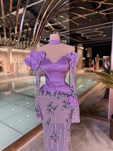 Vestido de Fiesta Romántico de Un Solo Hombro, Satinado, Vintage, Ecológico, con Bordado Floral, Silueta Recta Suave, Decoración con Patrones para Fiesta - Product Image 3