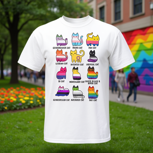 T-shirt Grafica Retrò LGBT con Gatto e Messaggio di Uguaglianza - Abbigliamento Promozionale - Product Image 3