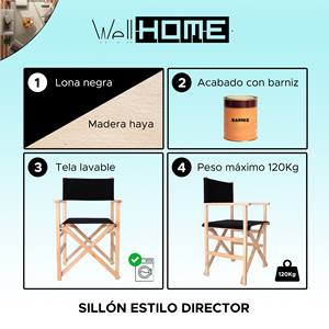 Sedia da Regista WELL HOME 51x46x86 cm in Legno di Becht con Finitura Verniciata e Tela Nera per Uso in Giardino - Product Image 2