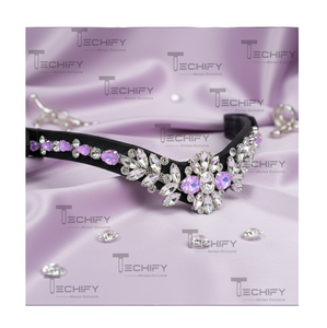 Bride d'équitation en cuir noir faite à la main, design floral en forme de V, avec bandeau de tête de cheval en cristal transparent et lavande de luxe - Product Image 1