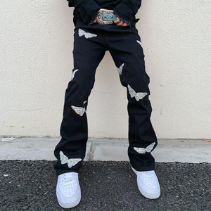 Custom Washed Stretch Denim Cotton Trouser for Men Heavyweight Flare <b>Jeans</b> Streetwear Embroidery Black Skinny Shorts - Product Image 5