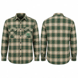 เสื้อเชิ้ตทำงานแขนยาวลายสก็อตสีเขียวเบจสำหรับผู้ชาย ผ้าฝ้ายใส่สบาย พิมพ์ลายโลโก้ด้านหน้า - Product Image 1