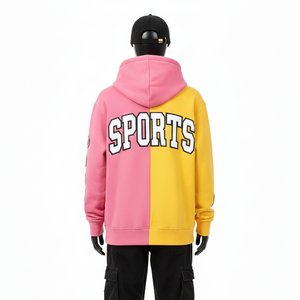 Sweat à capuche zippé premium pour femme, 320 GSM, coton et polyester polaire, panneaux bicolores rose et jaune, logo personnalisé, sweat à capuche zippé basique - Product Image 2